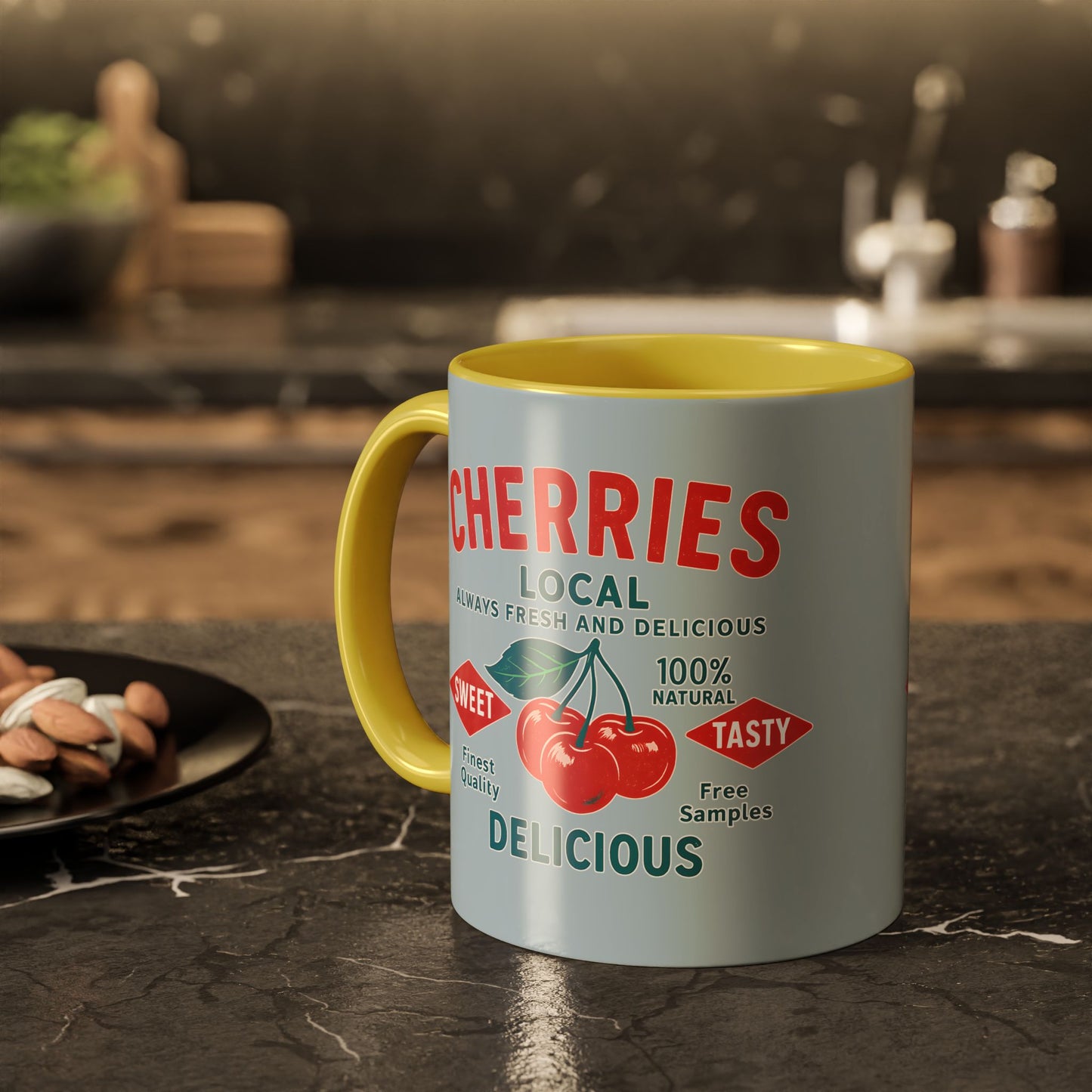 "Delicious Cherries", Colorful Mugs (11oz, 15oz) (Washed Silver-Blue)