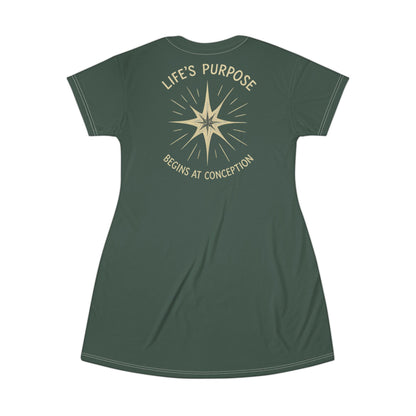 "Life's Purpose Begins at Conception #02", T-Shirt Dress (Old Growth Green)
