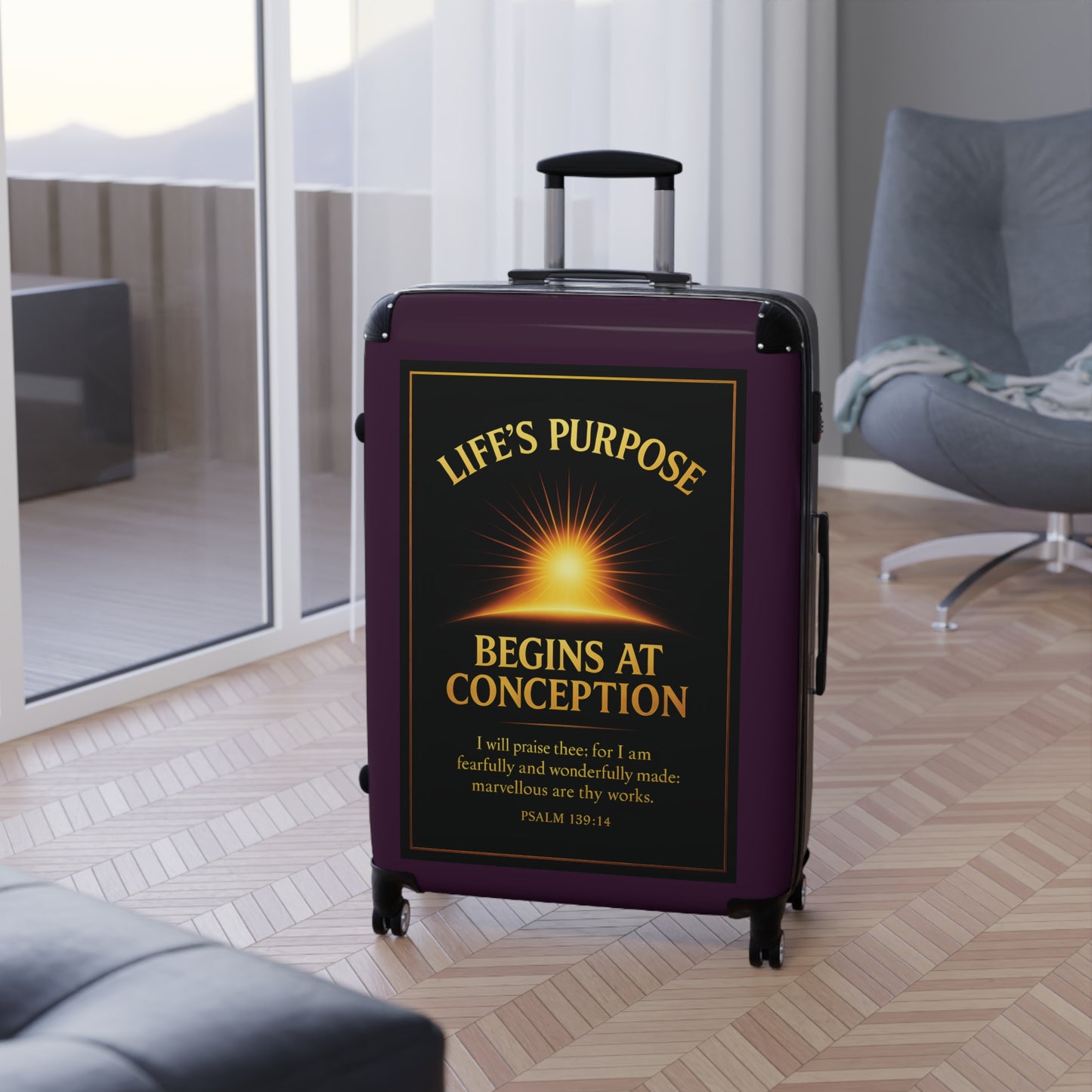 "Life's Purpose, Psalm 139:14", Suitcase (Synallactida Purple)