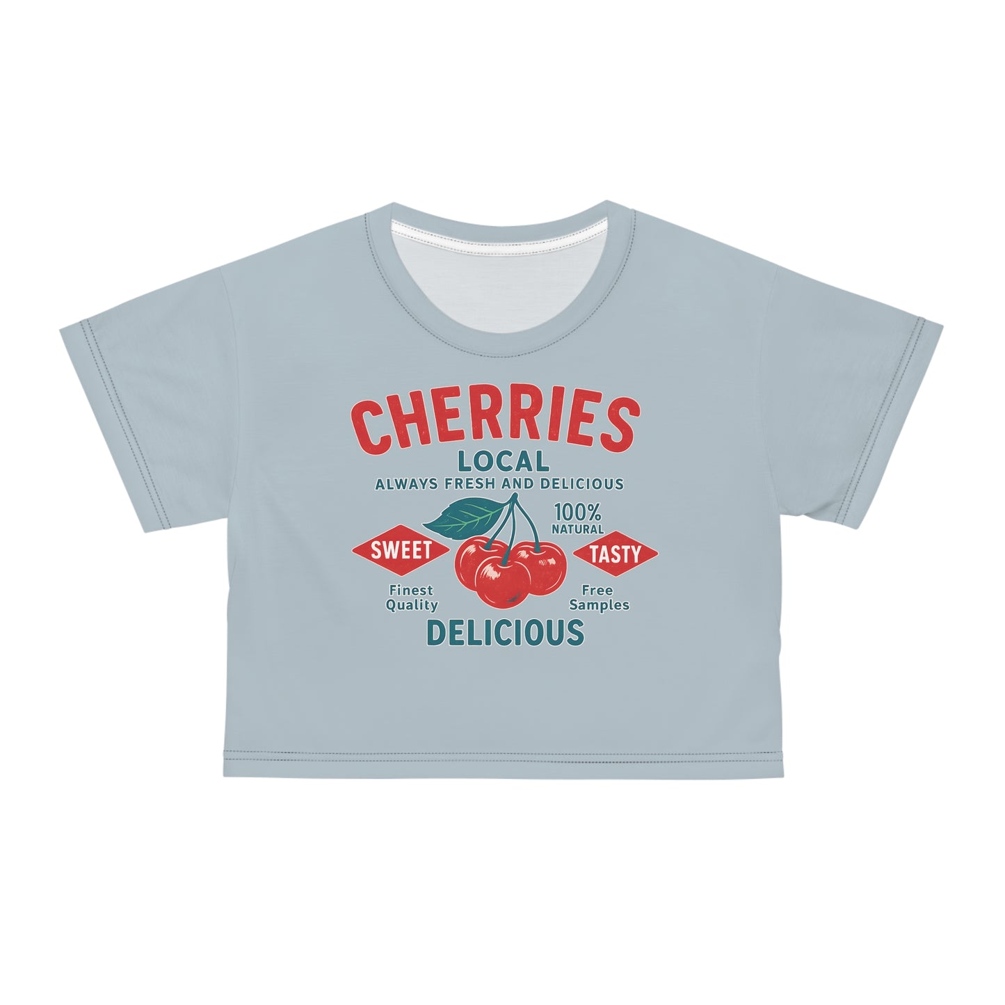 "Delicious Cherries", Crop Tee (Washed Silver-Blue)