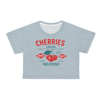"Delicious Cherries", Crop Tee (Washed Silver-Blue)