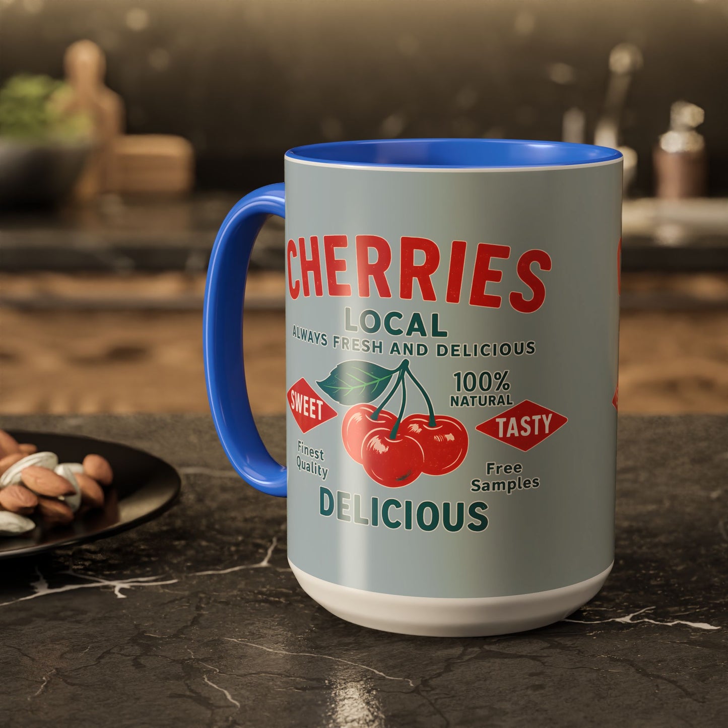 "Delicious Cherries", Colorful Mugs (11oz, 15oz) (Washed Silver-Blue)