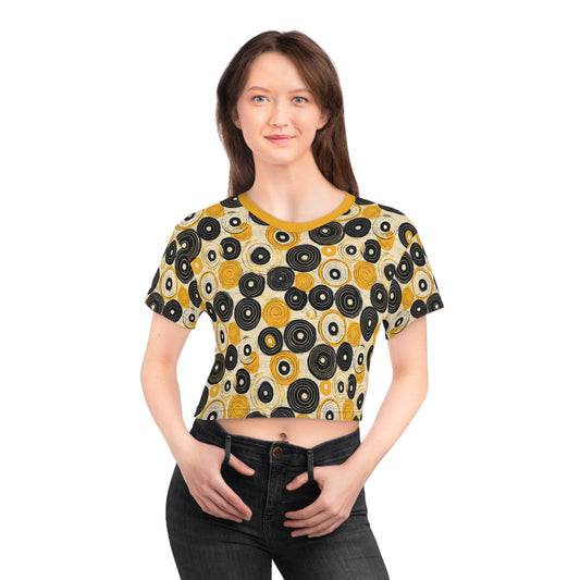 "Old 45's", Wearable Pattern Art Crop Tee (Cyber Yellow Collar)