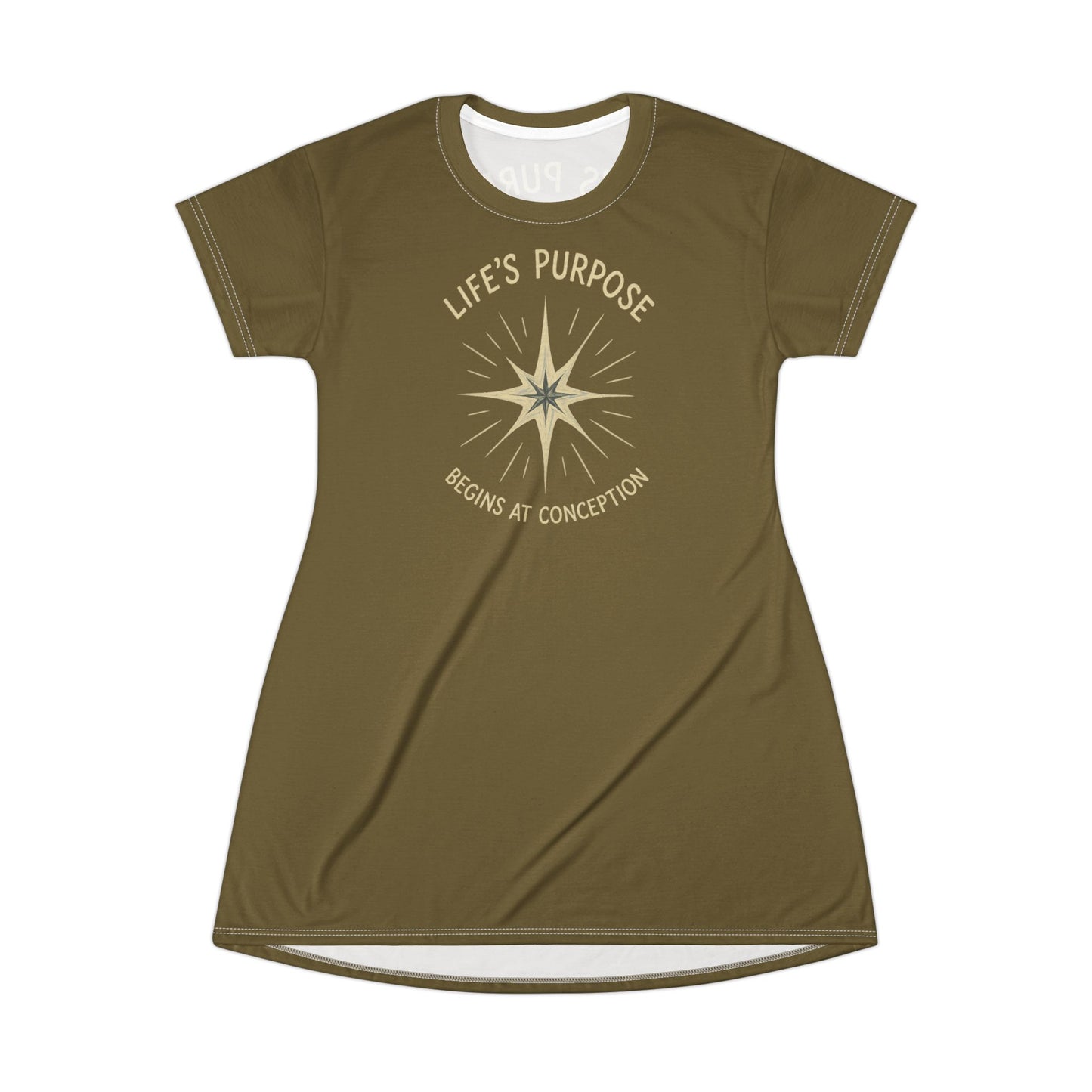 "Life's Purpose Begins at Conception #02", T-Shirt Dress (Bogbrush Olive)