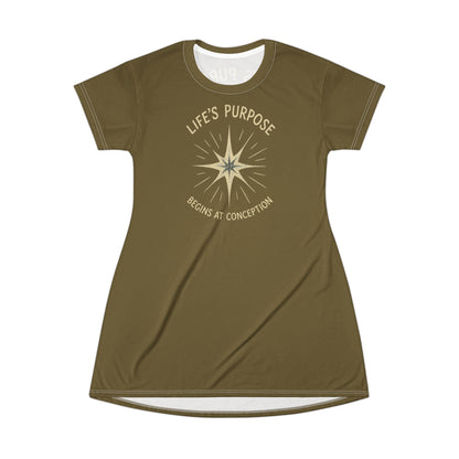 "Life's Purpose Begins at Conception #02", T-Shirt Dress (Bogbrush Olive)